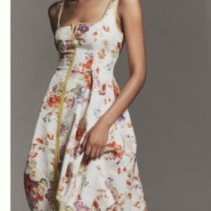 Anthropologie NWT Floral White Midi Dress with Gold Front Zip
